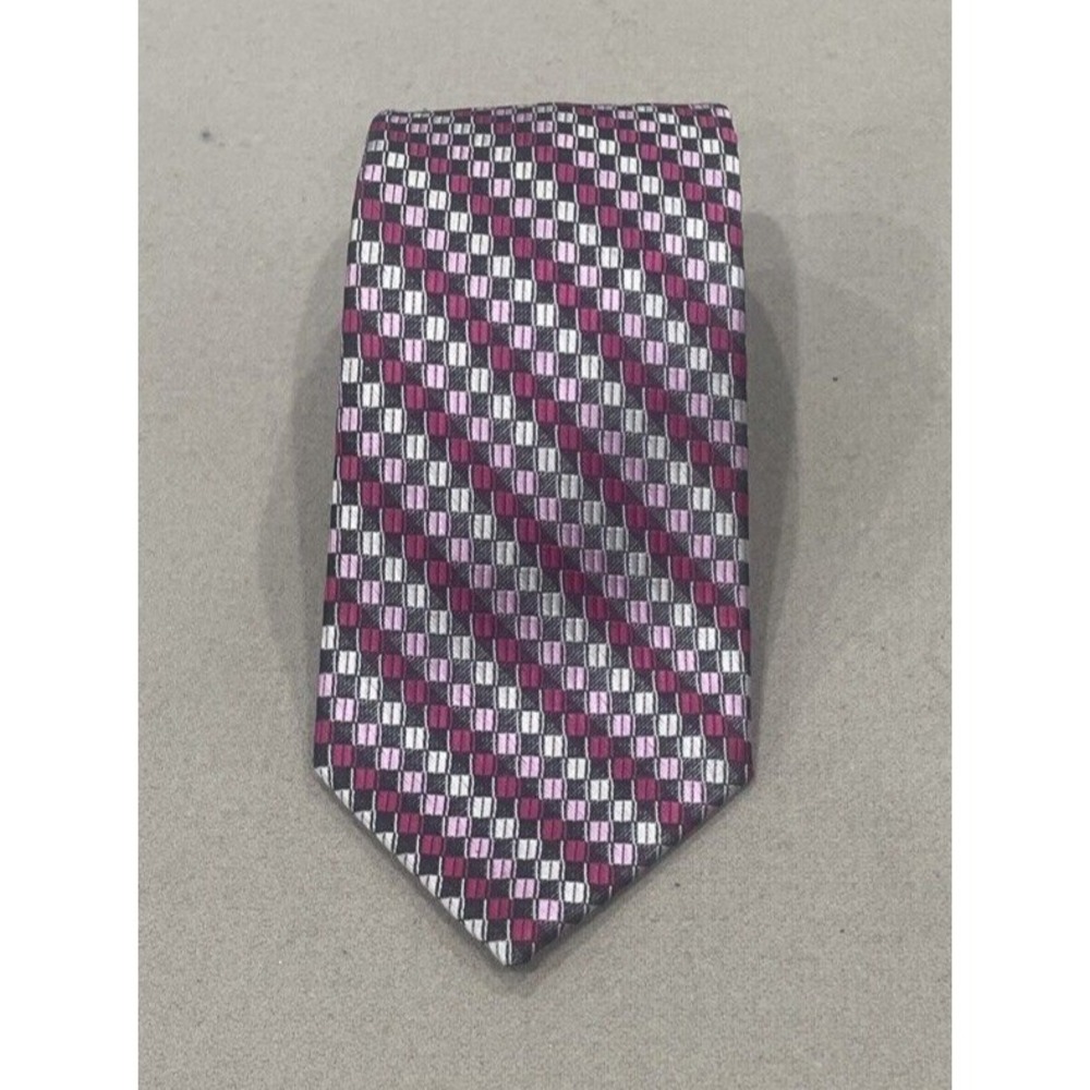 RENZO MENS TIE 100% Silk Hand Made Pink, Gray, and Tan SQUARES L58" and W 3 5/8"